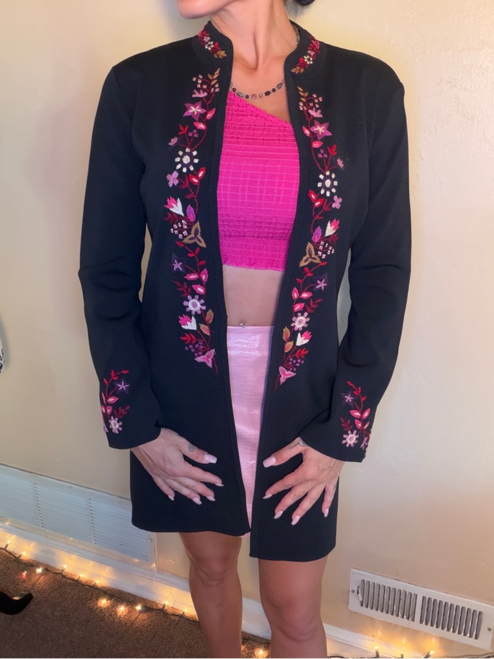 Black Embroidered Open-Front Blazer with Pink Floral Details